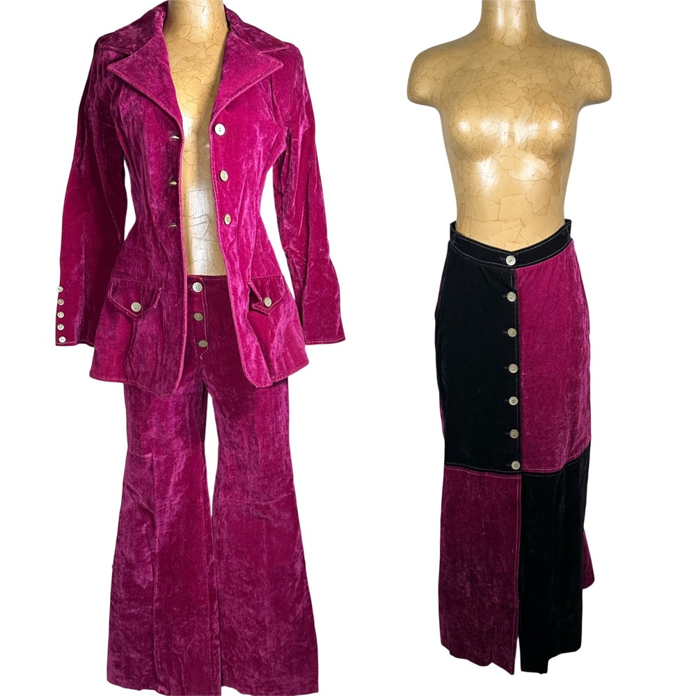 Vintage 70s Fuchsia Velvet 3 Piece Set Blazer‎ Flare Pants Bell Skirt Pink Black